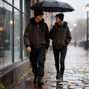 Sudadera con capucha unisex de invierno estilo streetwear americano, cortavientos y cálida, con cuello de piel, diseño personalizado con estampado de leopardo, cremallera y corte oversize. - Product Image 3