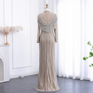 Robes <span class=keywords><strong>de</strong></span> <span class=keywords><strong>Soirée</strong></span> Musulmanes <span class=keywords><strong>de</strong></span> Luxe Argent Nude avec Cape Col Haut et Manches Longues pour Femmes, Fêtes <span class=keywords><strong>de</strong></span> Mariage LSZ035 - Product Image 6