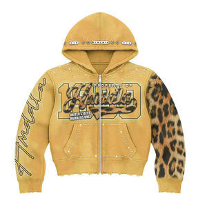 Custom Wholesale Heavyweight Cotton Fleece Streetwear <b>Y2K</b> Rhinestone Leopard Print Distressed Mens Zip Up Hoodie - Product Image 2