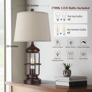 Table <b>Lamp</b> Set Of 2 With USB Ports <b>Touch</b> Control Dimmable <b>Bedside</b> <b>Lamp</b> Farmhouse Rustic Style - Product Image 2