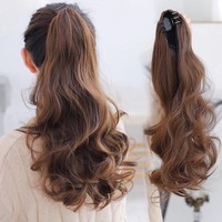 Queue de cheval longue ondulée à pince, extension de cheveux synthétiques bouclés, postiche naturel pour femme