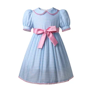 Pettigirl 2024 Decoration Birthday Girls Party Holidays Blue Checked Dresses For Children Kids Wear Age 2-12Y 1BAG=1PCS