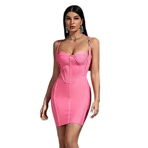 OLAESA Robes d'été de luxe à la mode dos nu Robe corset rose Moulante pour femme en satin personnalisée Mini robe de soirée pour femmes