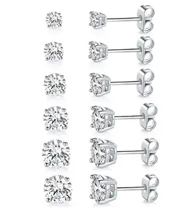 Stud Earrings Set, Hypoallergenic Cubic Zirconia High Quality Earrings Stainless Steel CZ Earrings 3-8mm with 4 Claws