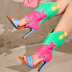 Botines de tacón alto con punta abierta transpirables de otoño para mujer, sandalias de tacón de aguja con cremallera trasera, zapatos de mezclilla - Product Image 1