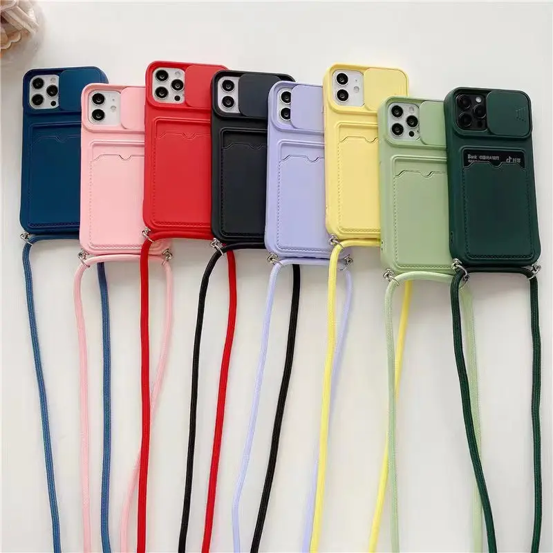 Crossbody Candy Color Matte TPU Phone Cover For iPhone 14 13 12 11 Pro Max With Card Slot Necklace Lanyard Silicone Soft Case