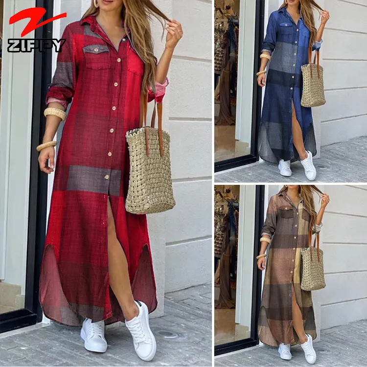 Womens Fashion Turn-down Collar Button Long Sleeve Check Long Dress Femme Loose Casual Oversized Shirt Dresses