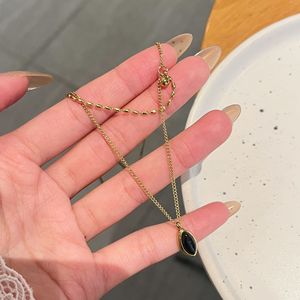 Vintage Oval <b>Black</b> Pendant Necklace | 18K PVD Gold Stainless Steel Curb <b>Chain</b> and Elongated Metal Bead <b>Chain</b> Layered Jewelry - Product Image 6