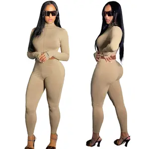 Wholesale long sleeve ribbed v-neck bodycon short jumpsuit lucky