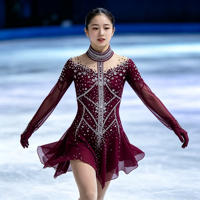 Robe de patinage artistique bordeaux à strass, col montant, dos évidé, manches longues, en maille, pour compétition de patinage sur glace, personnalisable