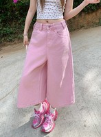 Culottes amples vintage roses pour femmes, style streetwear rétro, taille mi-haute, coupe ample, printemps été, pantalon capri en denim décontracté