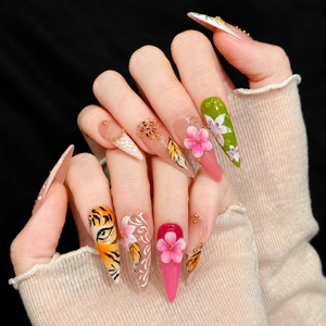 <span class=keywords><strong>Uñas</strong></span> Postizas de Alta Gama al por Mayor, Pintadas a Mano con Diseño de Tigre <span class=keywords><strong>y</strong></span> Flores, <span class=keywords><strong>Uñas</strong></span> Postizas Largas con Diseño de Leopardo <span class=keywords><strong>y</strong></span> Flores 3D, Hechas a Mano, Personalizadas ODM - Product Image 3