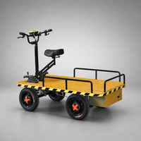 Chariot de manutention industriel électrique robuste à 4 roues motorisé avec plateforme plate, siège et guidon, en fer, pour entrepôt et transport de marchandises