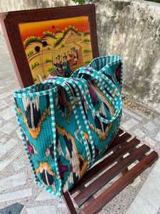 Bolso Tote Acolchado de Algodón, Ecológico, Hecho a Mano, con Estampado de Bloques, para Viajes, Compras, Bolso de Hombro - Product Image 4