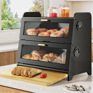 Scatola per il pane <span class=keywords><strong>in</strong></span> <span class=keywords><strong>legno</strong></span>-contenitore per il pane da cucina con tagliere <span class=keywords><strong>in</strong></span> bambù, quadranti regolabili per fori di sfiato, nero - Product Image 1