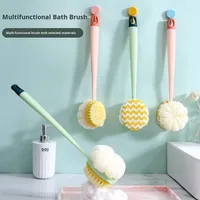 Sikat Mandi dengan Bulu dan Loofah, Spons Jaring Mandi dengan Gagang Panjang untuk Pengelupasan Kulit di Kamar Mandi