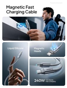 Câble magnétique USB-C LISEN 240W en silicone, <span class=keywords><strong>cordon</strong></span> de charge rapide renforcé et durable pour mobile, <span class=keywords><strong>iPhone</strong></span> 17, tablette, MacBook, ordinateur portable - Product Image 6