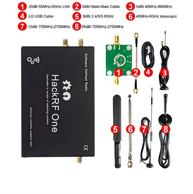 HackRF One R10 SDR + Metal Shell Assembled + 5 Antennas + 50M-6GHz RF LNA Low Noise Amplifier + Male-Male Cable