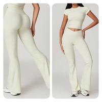 YISHENHON tissu recyclable séchage rapide Yoga V taille Gym Leggings course entraînement large jambe pantalon Flare femme Sport pantalon