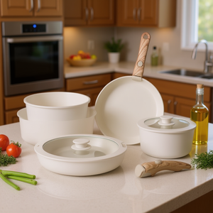 Set di Pentole Antiaderenti 9 Pezzi in Alluminio con Manici in Legno e Coperchi in Vetro Temperato, Adatto per Forno e Lavastoviglie, Design Minimalista - Product Image 2