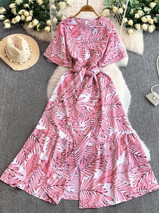 Abito con Scollo a V Incrociato Stampato per Donna, Stile Vacanza Autunno-Inverno, Vestito Lungo Aderente con Cintura e Volant - Product Image 1