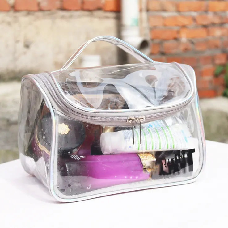 Promosyon Hologram baskılar kozmetik çantası çantası bozuk para cüzdanı pvc holografik lüks güzellik çantası kayış pembe makyaj yıkama çantası