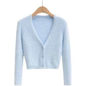 Bestseller Damen Crop-Top Pullover Herbst Langarm Slim Fit Gestrickte Knopfleiste Vorne Flauschige Strickjacke Damen Strickoberteil - Product Image 5