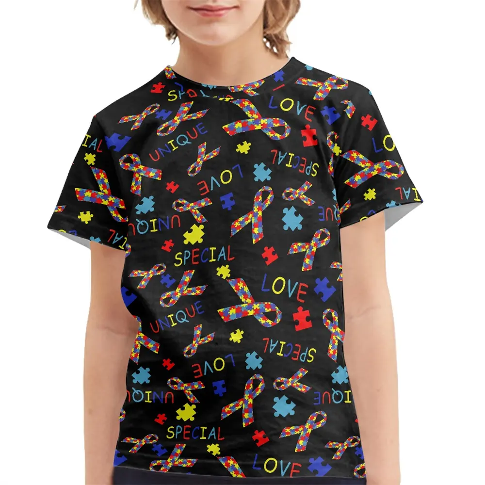 Kaus Lengan Pendek Anak-anak, Kaus Anak Pola Kesadaran Autisme, Kaus Hitam Anak-anak, Kaus Polos, Desain Logo Pita