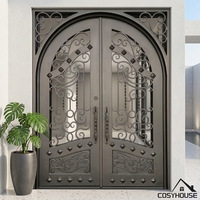 Puerta Doble de Entrada de Hierro Forjado Personalizada con Vidrio Arqueado para Entrada de Villa de Lujo