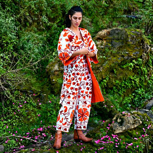 Suzani Embroidery Vibrant Orange And Rust Women's Jacket & Pant Combo With Side Pockets Azo Free Dyed Fabric Cotton Cord <b>Set</b> - Product Image 1