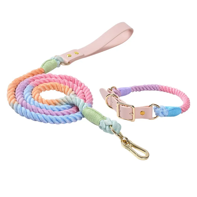 Luxury Heavy Training Multicolor Walking Dog Cotton Rope Organic Braided Dog Leash With Collar Set