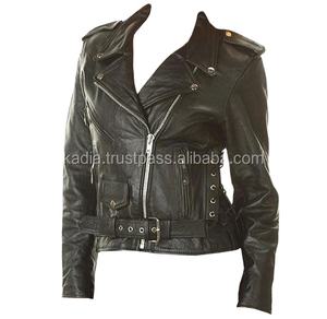 Chaqueta de invierno informal de alta resistencia para mujer, estilo de motorista negro asimétrico con piel de vaca, piel de oveja bronceada, cuero genuino teñido procesado - Product Image 4