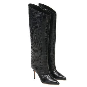 Bottes hautes en <span class=keywords><strong>cuir</strong></span> Pu <span class=keywords><strong>Beige</strong></span> noir pour femmes, bottes longues pour dames, cuissardes pointues, bottes à fermeture éclair sur le côté - Product Image 2