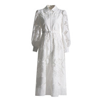 Robe midi décontractée élégante pour femmes WIWT, en dentelle blanche, à manches longues, coupe évasée, avec ceinture, pour un usage quotidien, vêtements pour femmes