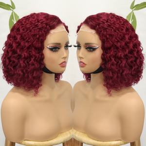 Parrucca Bob con Parte Laterale in Capelli Umani Grezzi Vietnamiti, Densità 250, Chiusura 4x4, Colore Rosso Vino 99J, <span class=keywords><strong>Ricci</strong></span> ad Acqua per Donne - Product Image 1