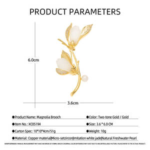 Broche Magnolia Personnalisée en Gros, Cuivre Plaqué Or Véritable avec Perle d'Eau Douce, Commande en Gros Disponible - Product Image 2