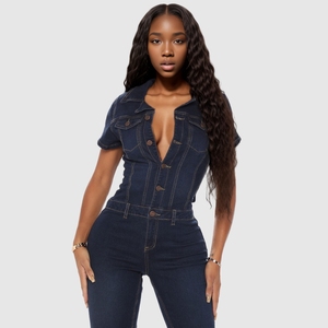 Combinaison en jean extensible à col en V et boutons, coupe large et droite, pour femme - Nouvelle collection - Product Image 1