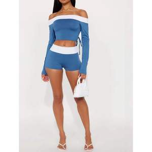 Ensemble crop top et short personnalisé 2026 pour femme, épaules dénudées, manches longues, contraste bleu et blanc, laçage, tenue de sport - Product Image 4