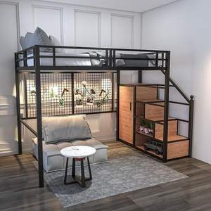 Lit superposé en fer forgé de style nordique avec rangement et barrière de sécurité, lit mezzanine multifonctionnel pour enfants et adultes - Product Image 1