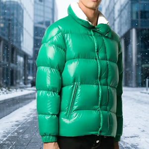 Blouson matelassé vert pour homme, col montant, rembourré de duvet, coupe-vent, fermeture éclair, manteau d'hiver décontracté, coupe régulière, coque en polyester épais - Product Image 3