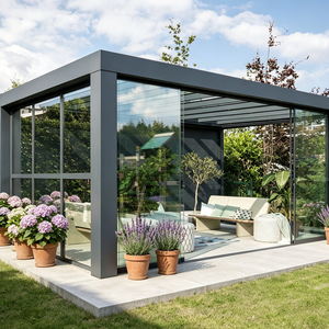 Pergola en aluminium gris foncé à <span class=keywords><strong>toit</strong></span> <span class=keywords><strong>plat</strong></span>, véranda avec mur partiel en verre, <span class=keywords><strong>toit</strong></span> à persiennes, pour jardin, abri en verre extérieur résistant aux intempéries - Product Image 1