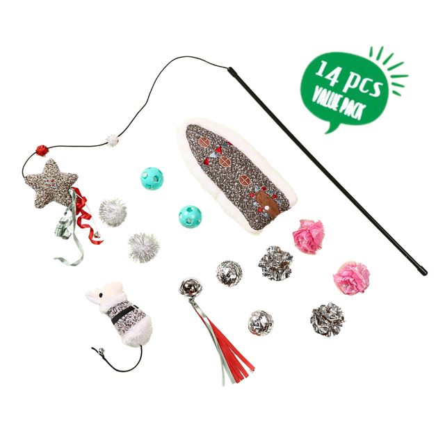 Luxury Interactive Cat Toy Set with Teaser Wand Plush Mouse Crinkle Balls Feline Play Pack for Indoor Fun and Pet Enrichment Use