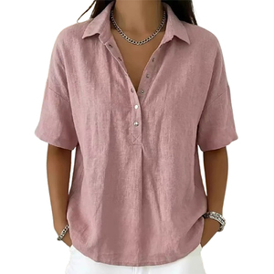 Camisa de Lino de Manga Corta para Mujer, Cuello Camisero, Corte Holgado, Estilo Casual, Primavera-Verano - Product Image 3