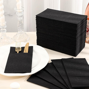 50 serviettes en papier noires effet lin, serviettes jetables noires avec poche intégrée pour couverts, <span class=keywords><strong>pré</strong></span>-pliées pour couteaux et fourchettes - Product Image 3