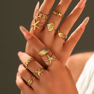 Anillo de Acero Inoxidable Galvanizado con Diseño Exagerado de Conchas Marinas y Estrellas de Mar, Estilo Europeo Americano, para Fiestas y Vacaciones, para Mujer - Product Image 1