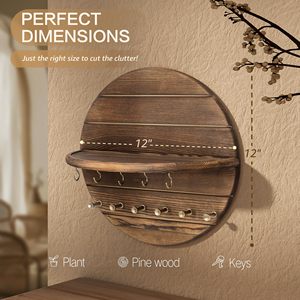 <span class=keywords><strong>Porte</strong></span>-clés mural rond en <span class=keywords><strong>bois</strong></span>, organiseur de courrier pour entrée, étagère flottante murale, crochets multiples, décoration murale vintage style ferme - Product Image 2