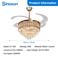 Kipas Angin Plafon Kristal Tak Terlihat LED 42 Inci Desain Kreatif OEM/ODM Ruang Tamu Modern dengan Remote Control 3 Warna Cahaya dan Kebisingan Rendah