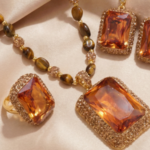 JOYE - Juego de Joyas de Cristal Ámbar Vintage al por Mayor, Juego de Collar, Pendientes y Anillo de 3 Piezas para Mujer, Accesorios Retro - Product Image 3