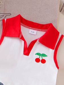 Nouvelle collection 2026 : Ensemble décontracté pour enfants – <span class=keywords><strong>Gilet</strong></span> <span class=keywords><strong>blanc</strong></span> à col rouge et jupe bleue - Product Image 5