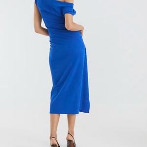 Vestido Midi Bohemio Azul Asimétrico con Diseño de Parches Casual, Cintura Elástica, para Usar en Clubes, Todas las Temporadas, Diseño Sólido - Product Image 3